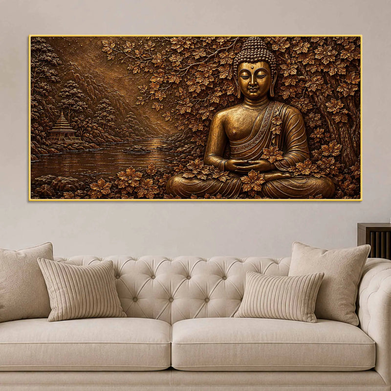 Lord Buddha Under Sacred Bodhi Tree Metallic Look 3D Canvas Wall Painting