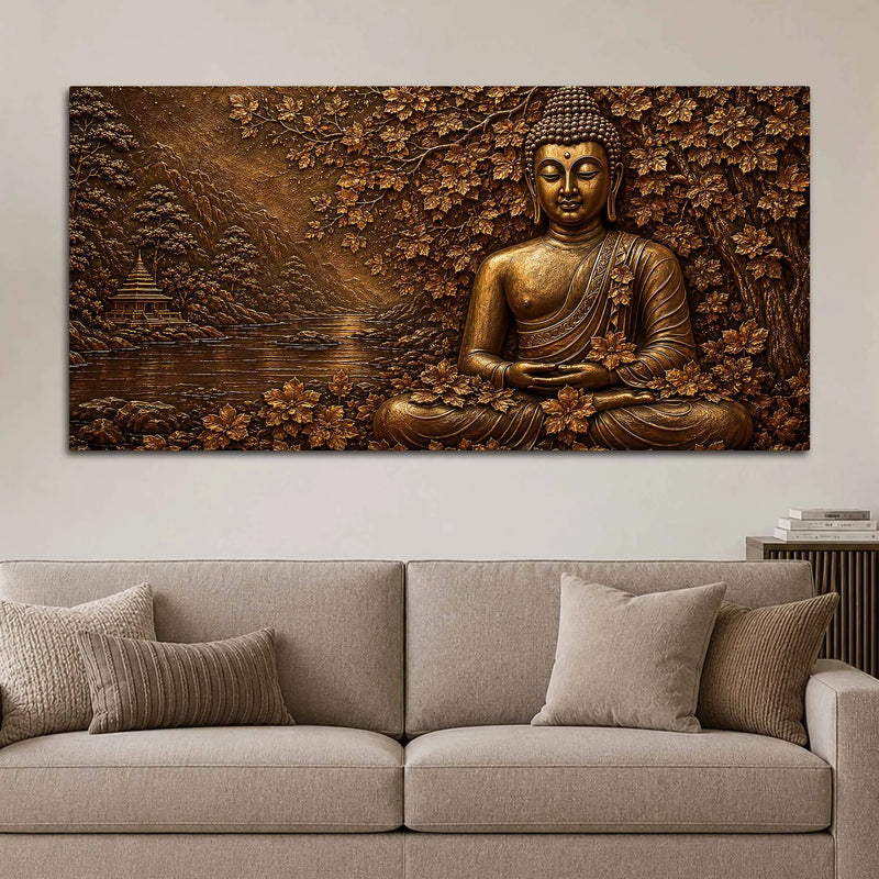 Lord Buddha Under Sacred Bodhi Tree Metallic Look 3D Canvas Wall Painting