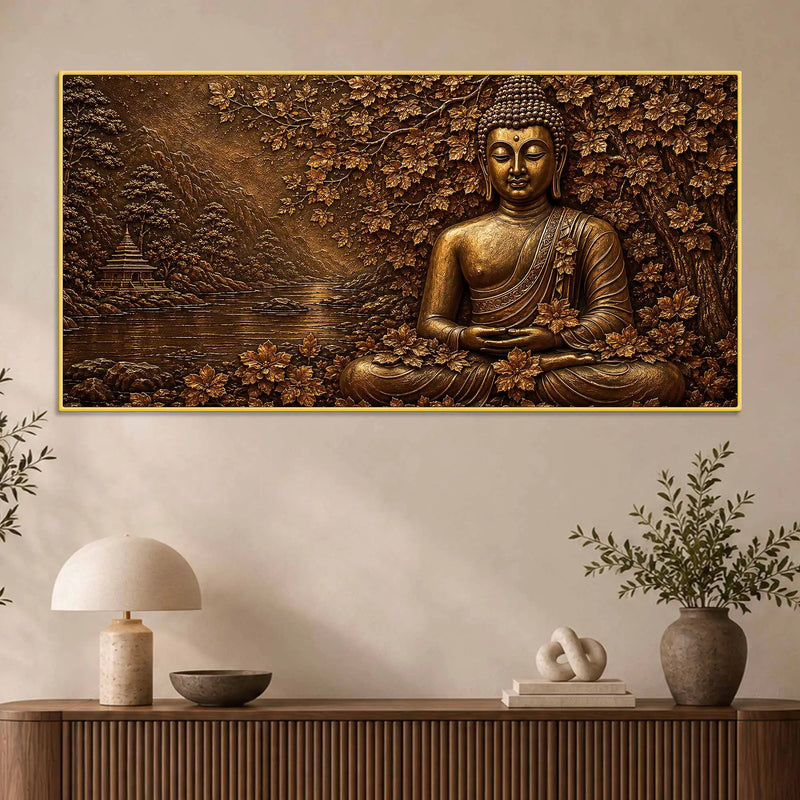 Lord Buddha Under Sacred Bodhi Tree Metallic Look 3D Canvas Wall Painting
