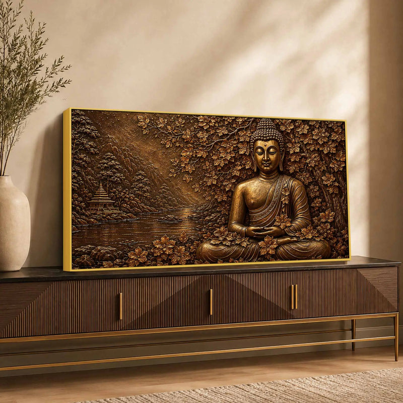 Lord Buddha Under Sacred Bodhi Tree Metallic Look 3D Canvas Wall Painting