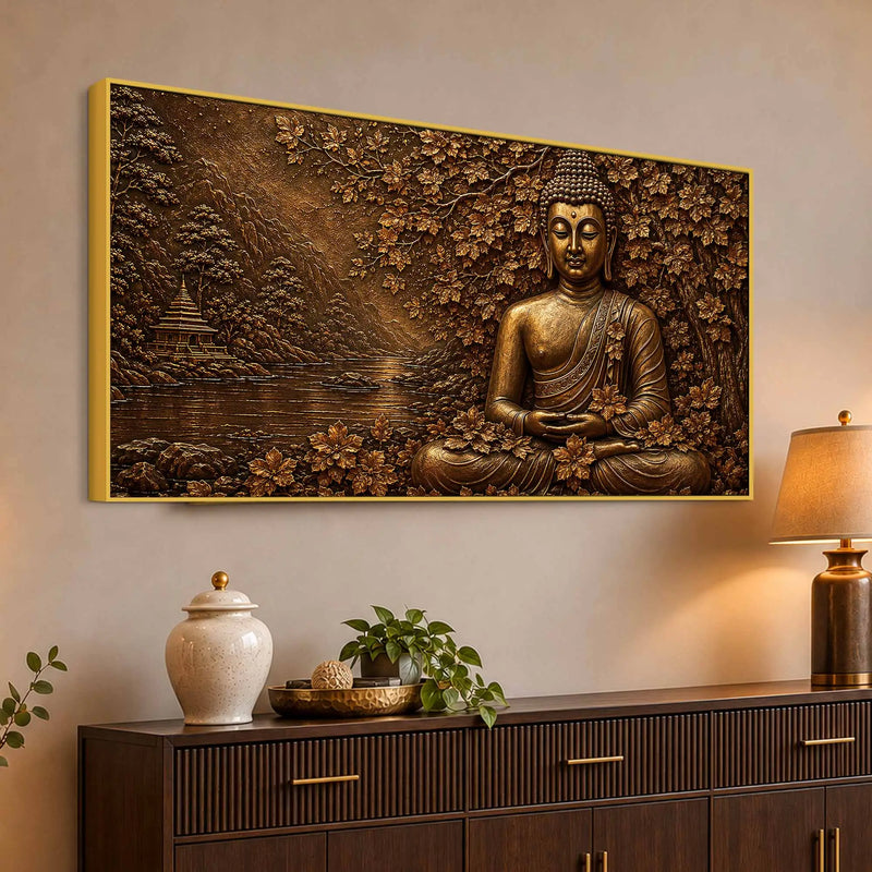 Lord Buddha Under Sacred Bodhi Tree Metallic Look 3D Canvas Wall Painting