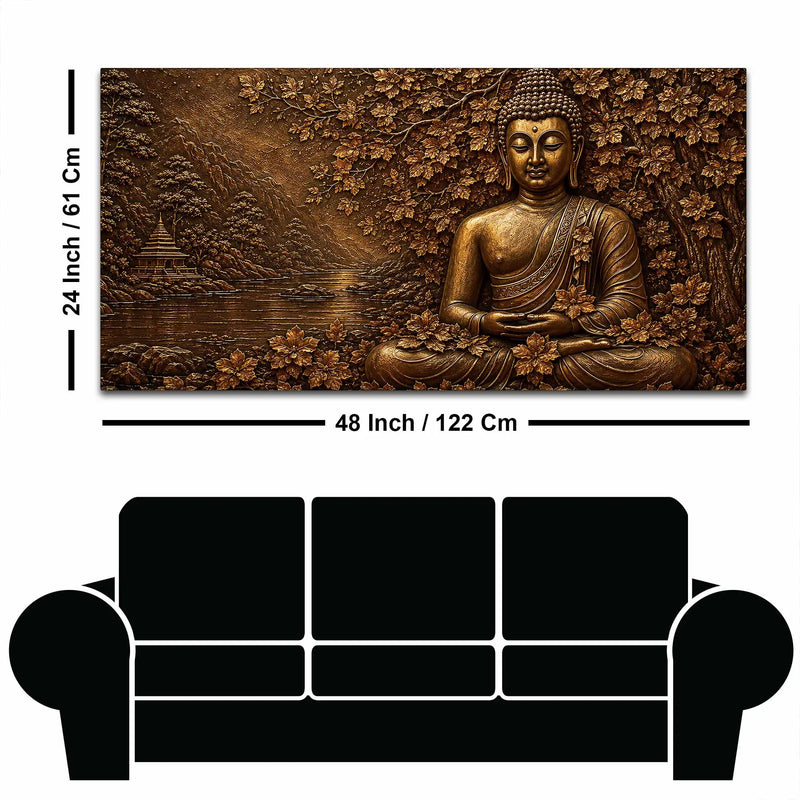 Lord Buddha Under Sacred Bodhi Tree Metallic Look 3D Canvas Wall Painting