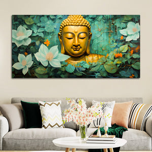 Lord Buddha Wall Painting with Green Floral Background for Home Décor