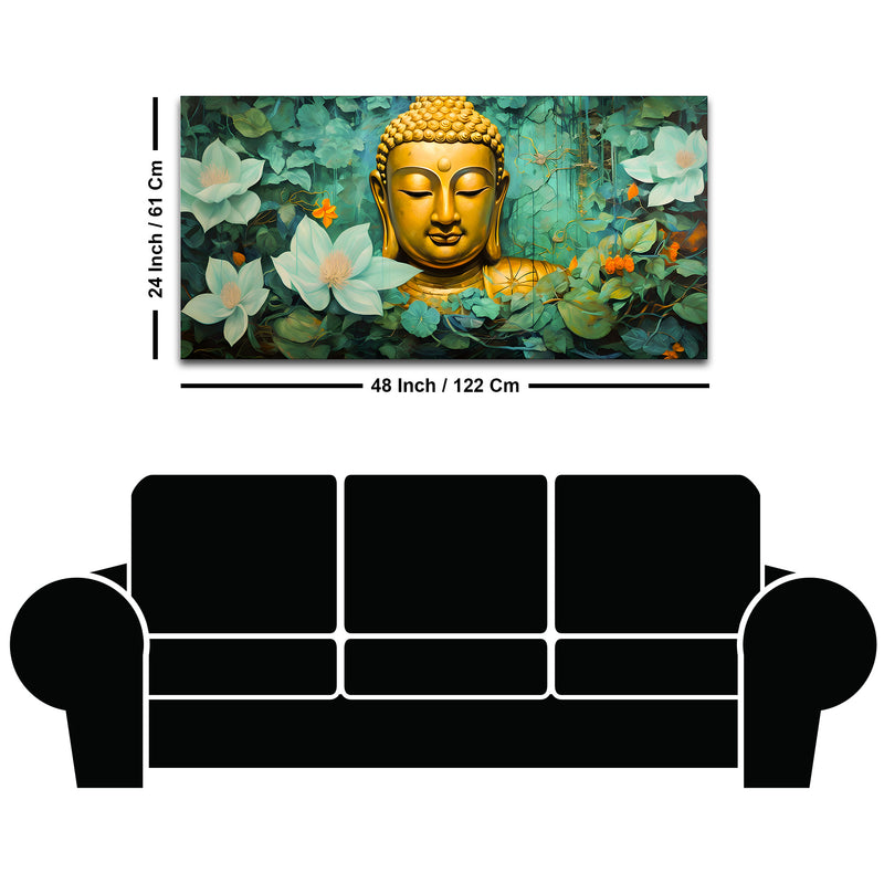 Lord Buddha Wall Painting with Green Floral Background for Home Décor