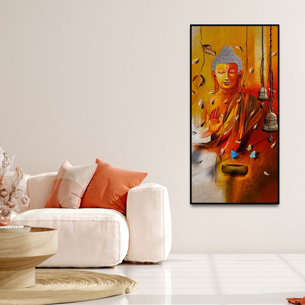 Lord Buddha with Leaves Canvas Wall Painting