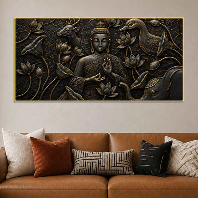 Lord Buddha with Lotus Elephant & Swan Metallic Look 3D Canvas Wall Painting