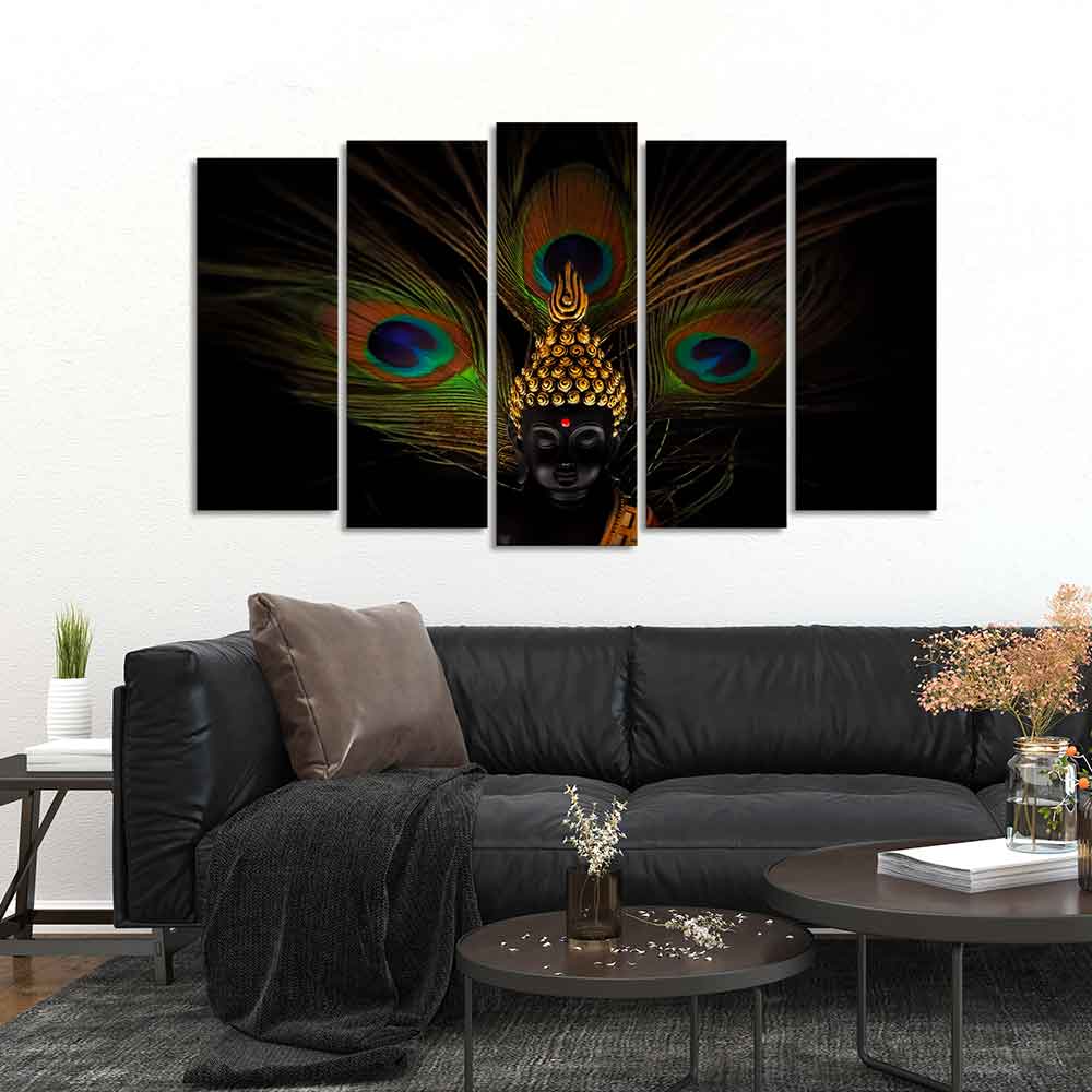 Lord Buddha With Peacock Feather Wall Painting of Five Pieces Set