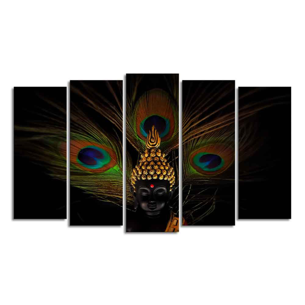 Lord Buddha With Peacock Feather Wall Painting of Five Pieces Set