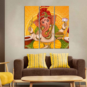 Lord Ganesh Canvas Wall Painting of Three Pieces