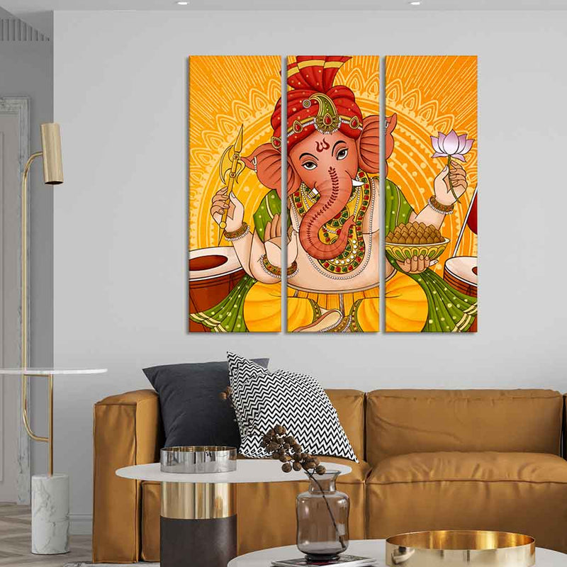 Lord Ganesh Canvas Wall Painting of Three Pieces