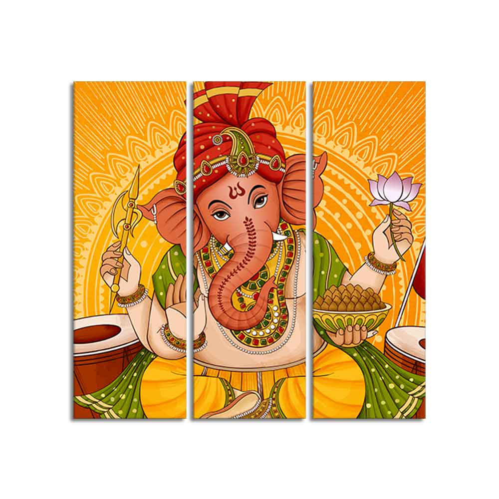 Lord Ganesh Canvas Wall Painting of Three Pieces