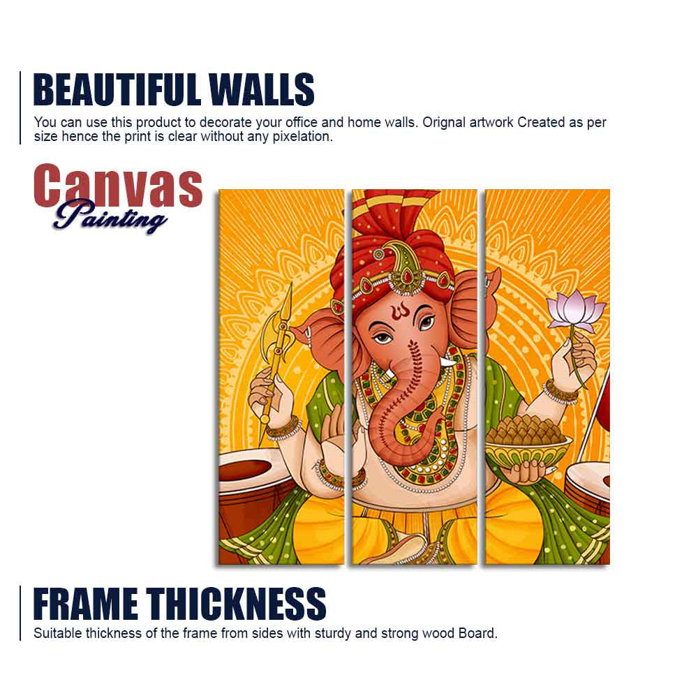 Lord Ganesh Canvas Wall Painting of Three Pieces