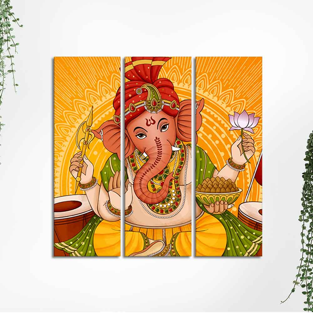 Lord Ganesh Canvas Wall Painting of Three Pieces