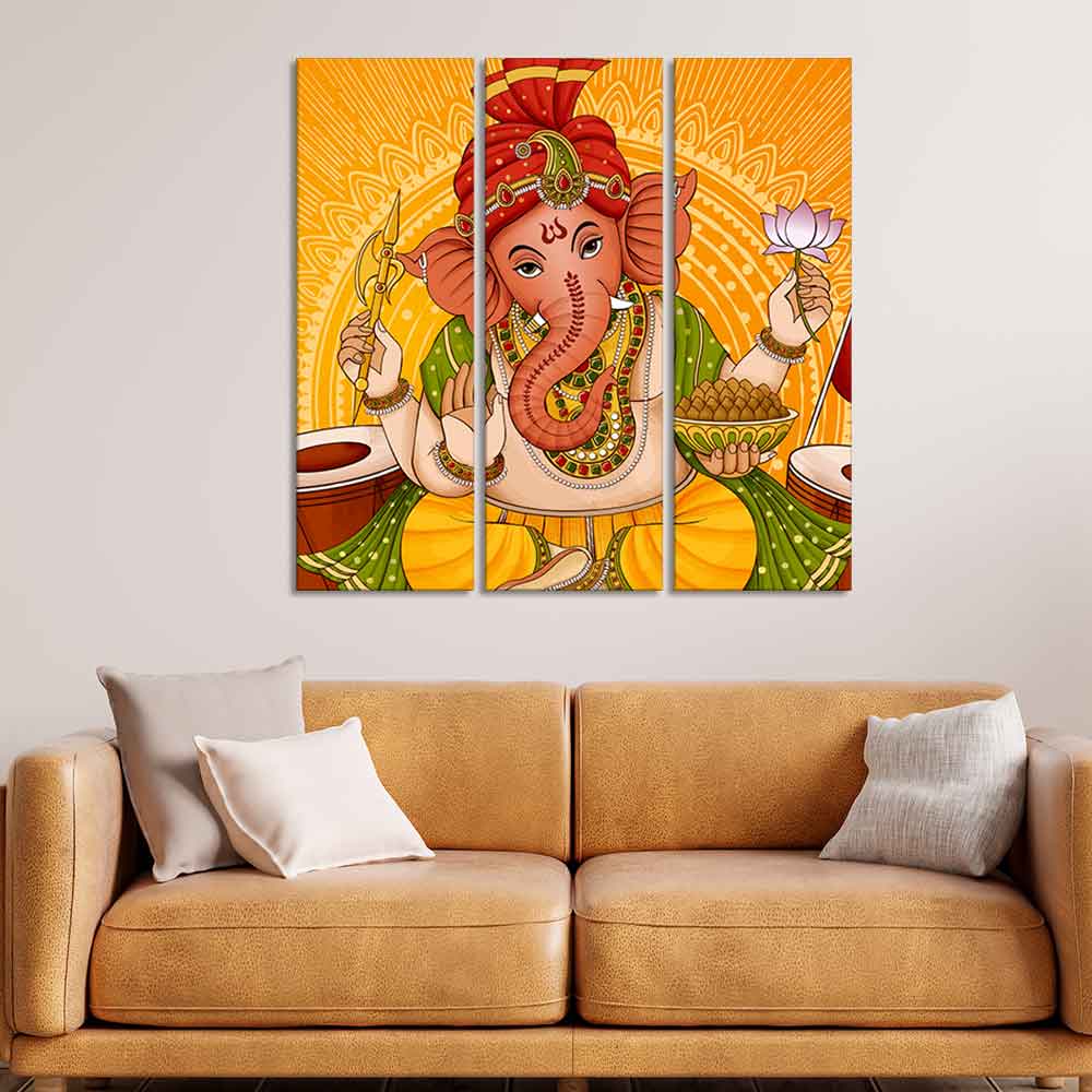 Lord Ganesh Canvas Wall Painting of Three Pieces