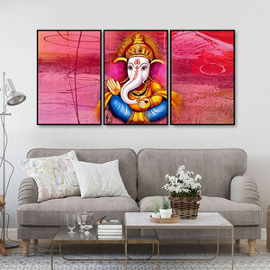 Lord Ganesha Abstract Art Floating Canvas Wall Painting Set of Three