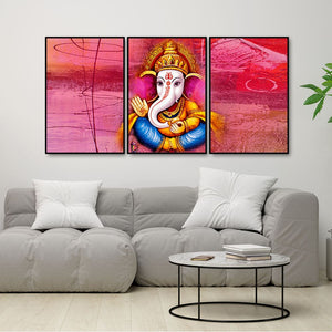 Lord Ganesha Abstract Art Floating Canvas Wall Painting Set of Three