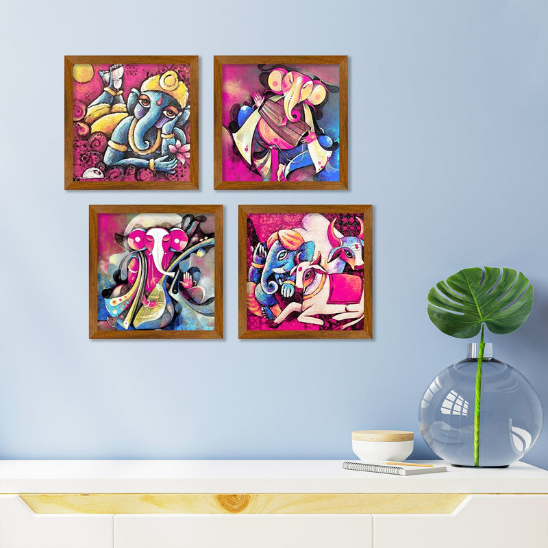 Lord Ganesha Abstract Art Wooden Wall Frame Set of Four