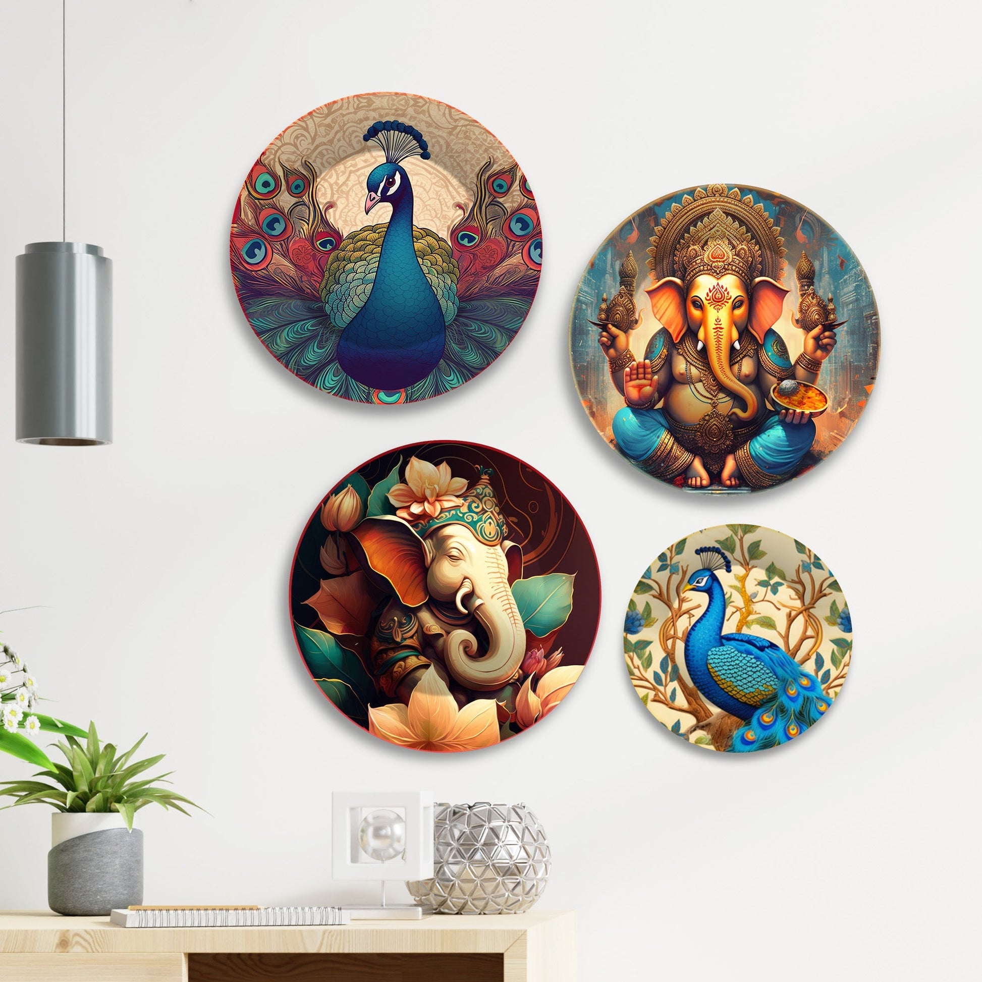 Lord Ganesha and Peacocks Premium Wall Plates Painting Set of Four