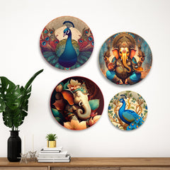 Lord Ganesha and Peacocks Premium Wall Plates Painting Set of Four