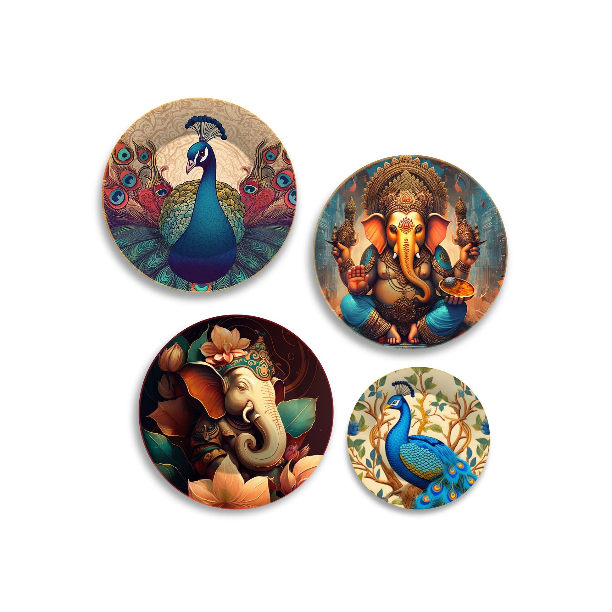 Lord Ganesha and Peacocks Premium Wall Plates Painting Set of Four