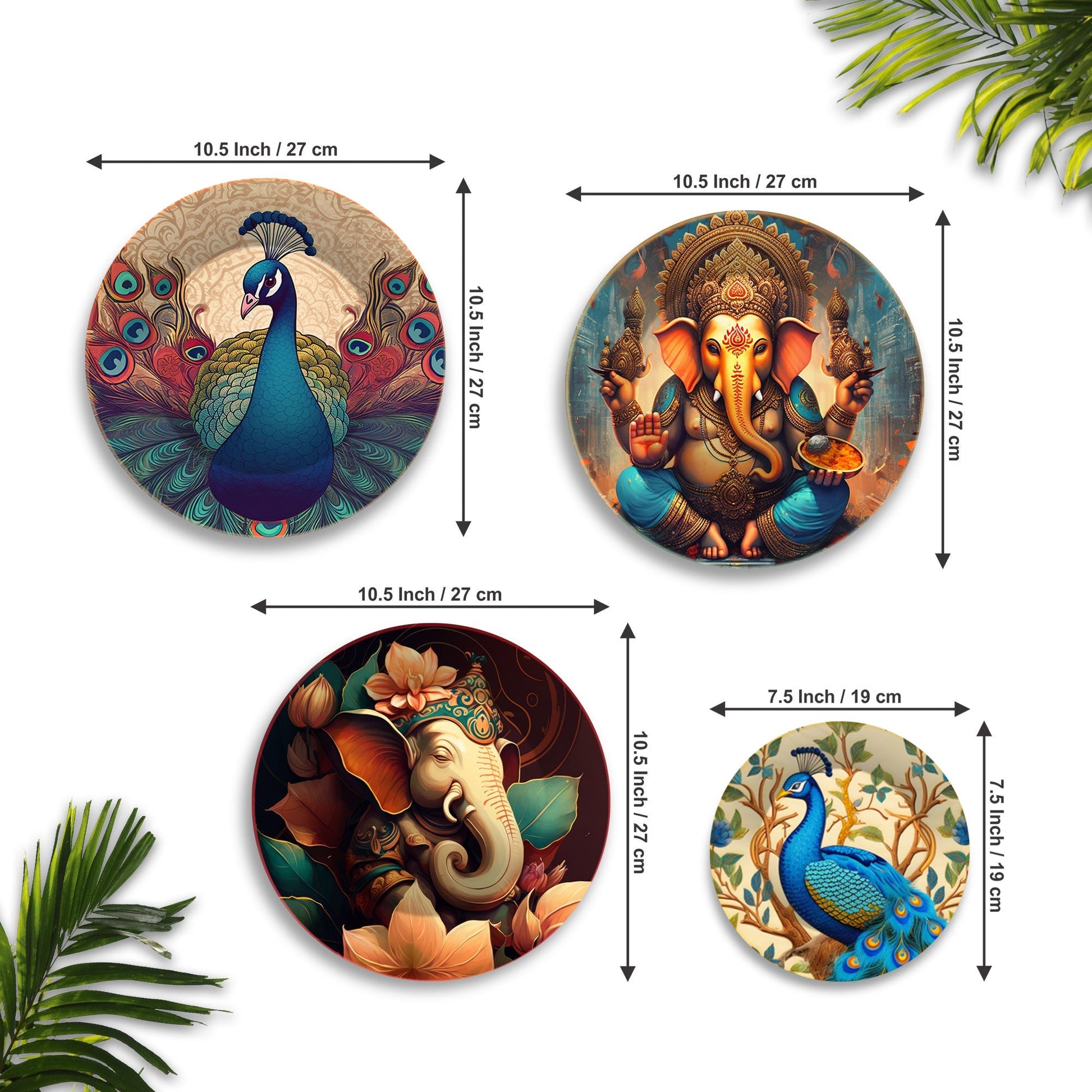 Lord Ganesha and Peacocks Premium Wall Plates Painting Set of Four