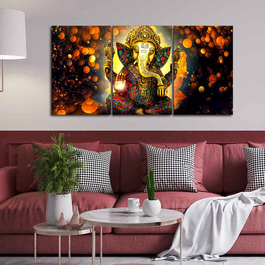 Lord Ganesha Canvas Wall Painting of 3 Pieces