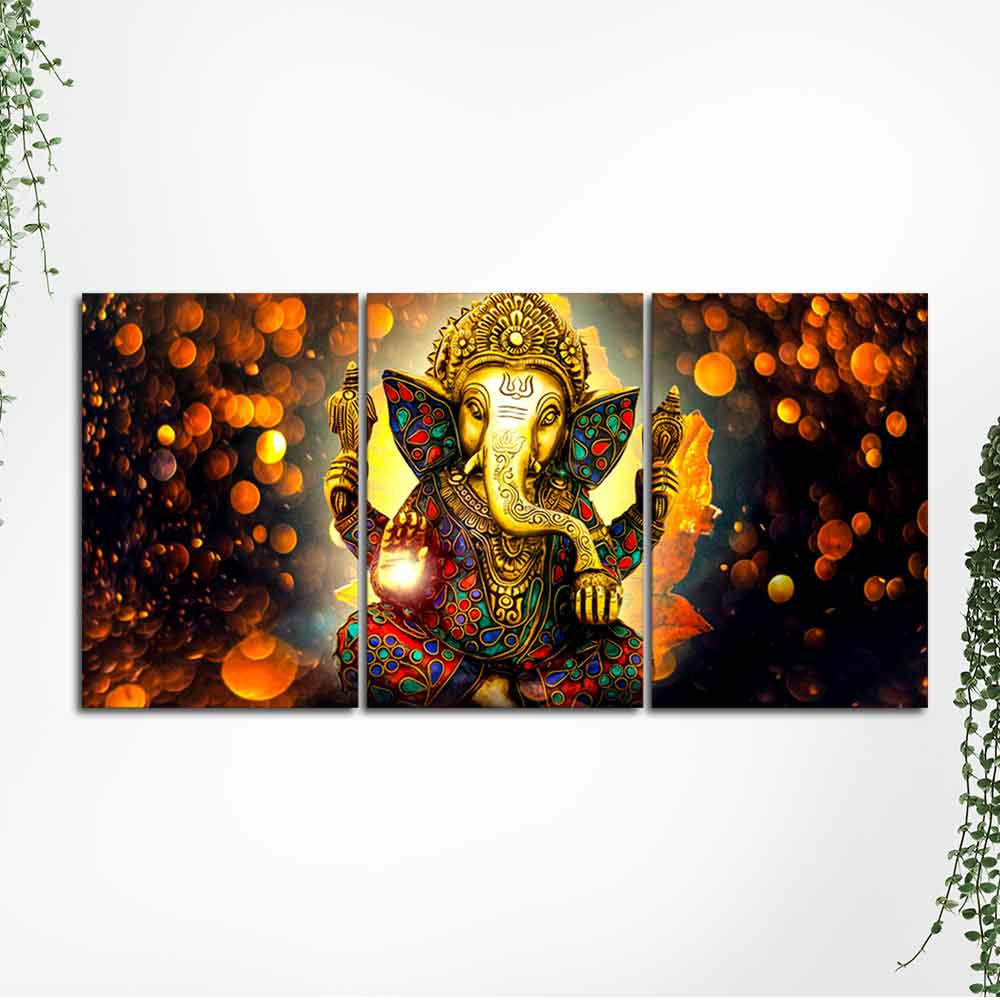 Lord Ganesha Canvas Wall Painting of 3 Pieces