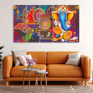 Lord Ganesha Canvas Wall Painting of Five Pieces