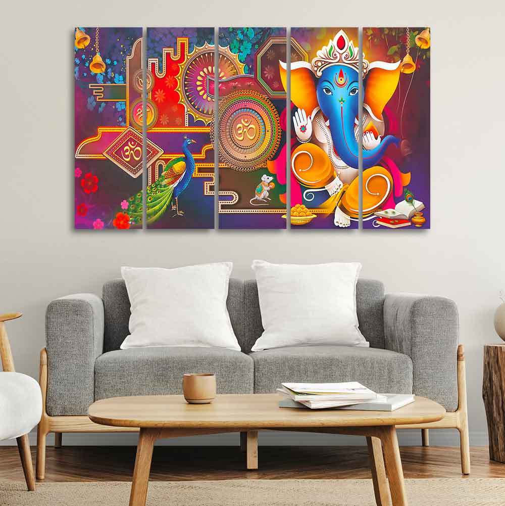 Lord Ganesha Canvas Wall Painting of Five Pieces