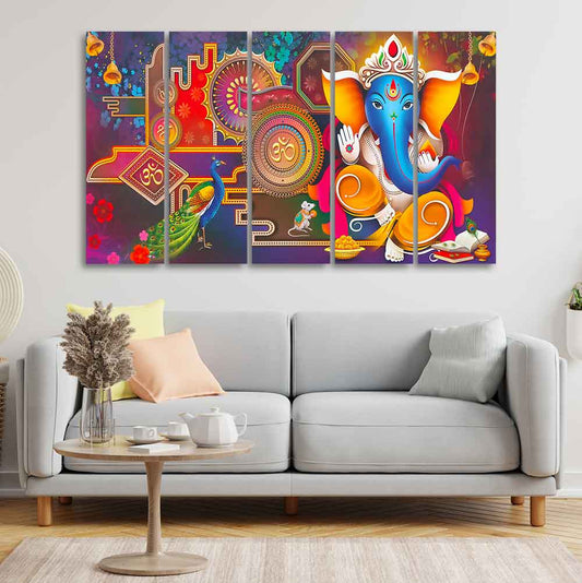 Lord Ganesha Canvas Wall Painting of Five Pieces