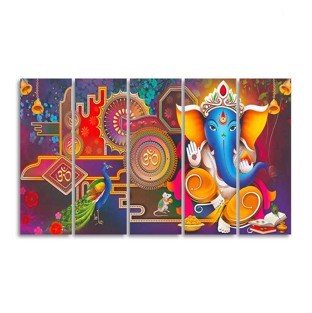 Lord Ganesha Canvas Wall Painting of Five Pieces