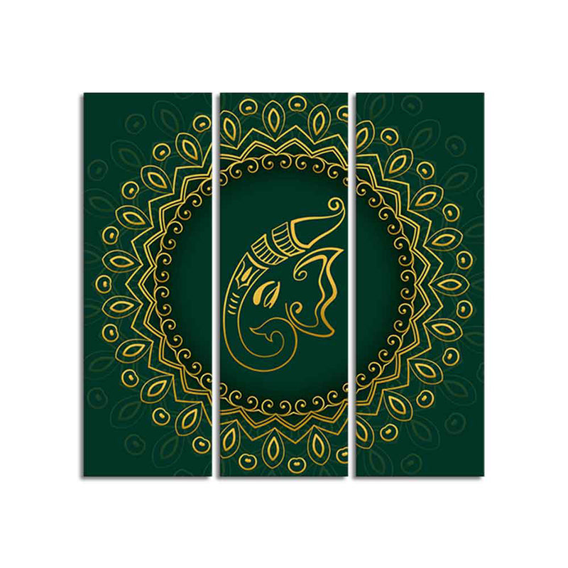 Auspicious Lord Ganesha Head Canvas Wall Painting of Three Pieces