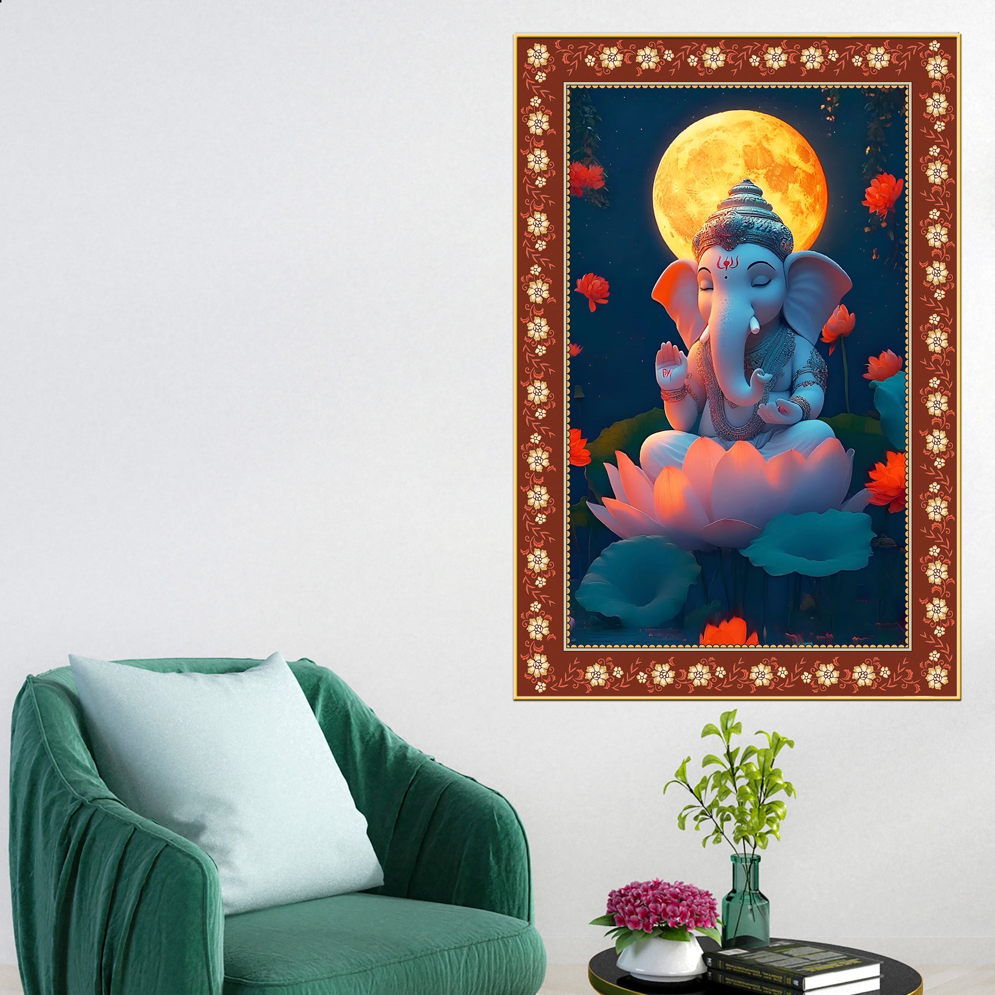 Lord Ganesha in Meditation Floral Border Vertical Wall Painting
