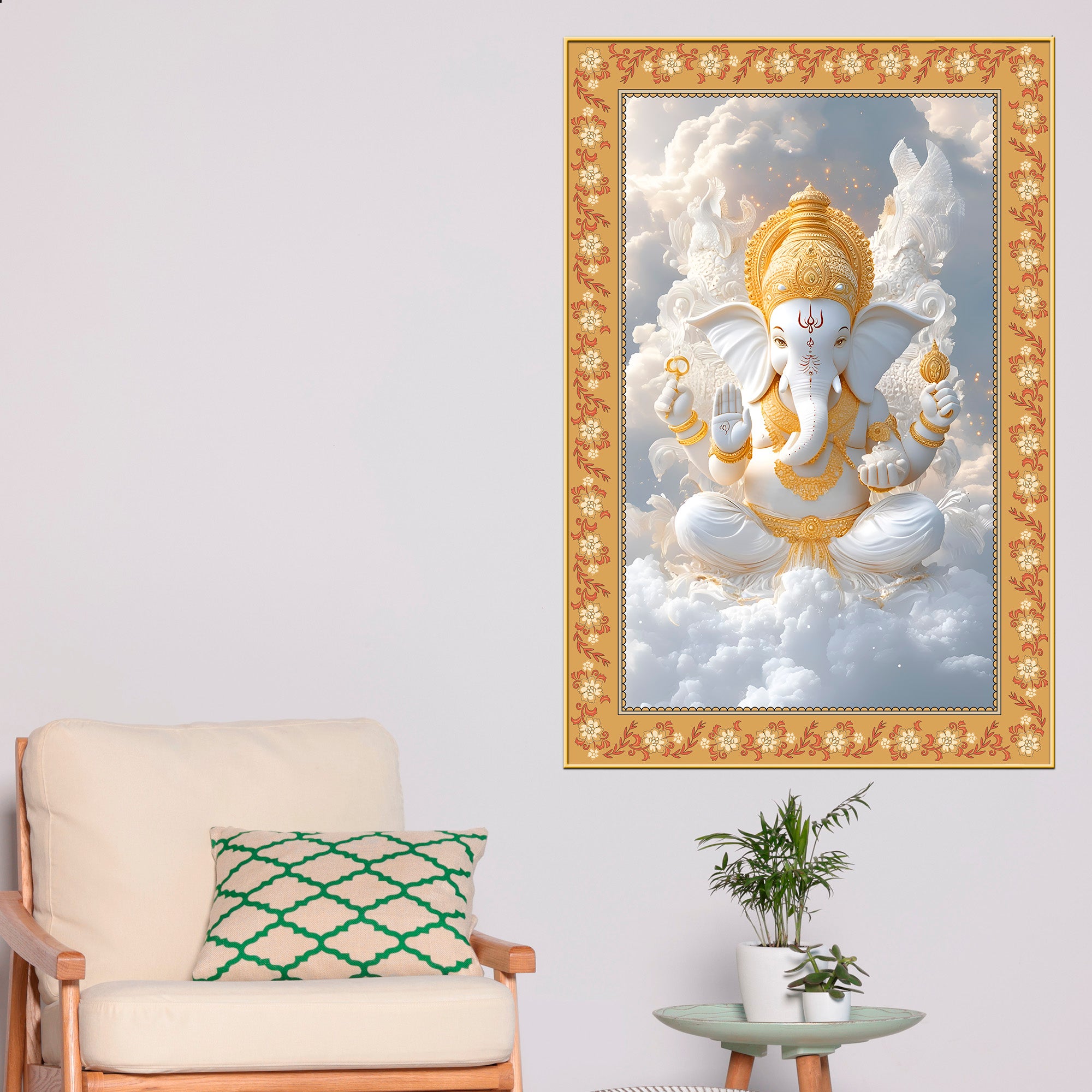Lord Ganesha in Sky Floral Border Vertical Wall Painting