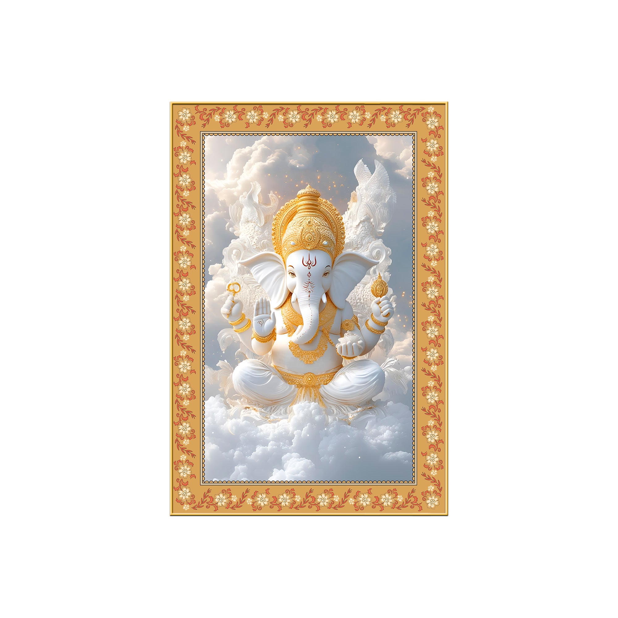 Lord Ganesha in Sky Floral Border Vertical Wall Painting