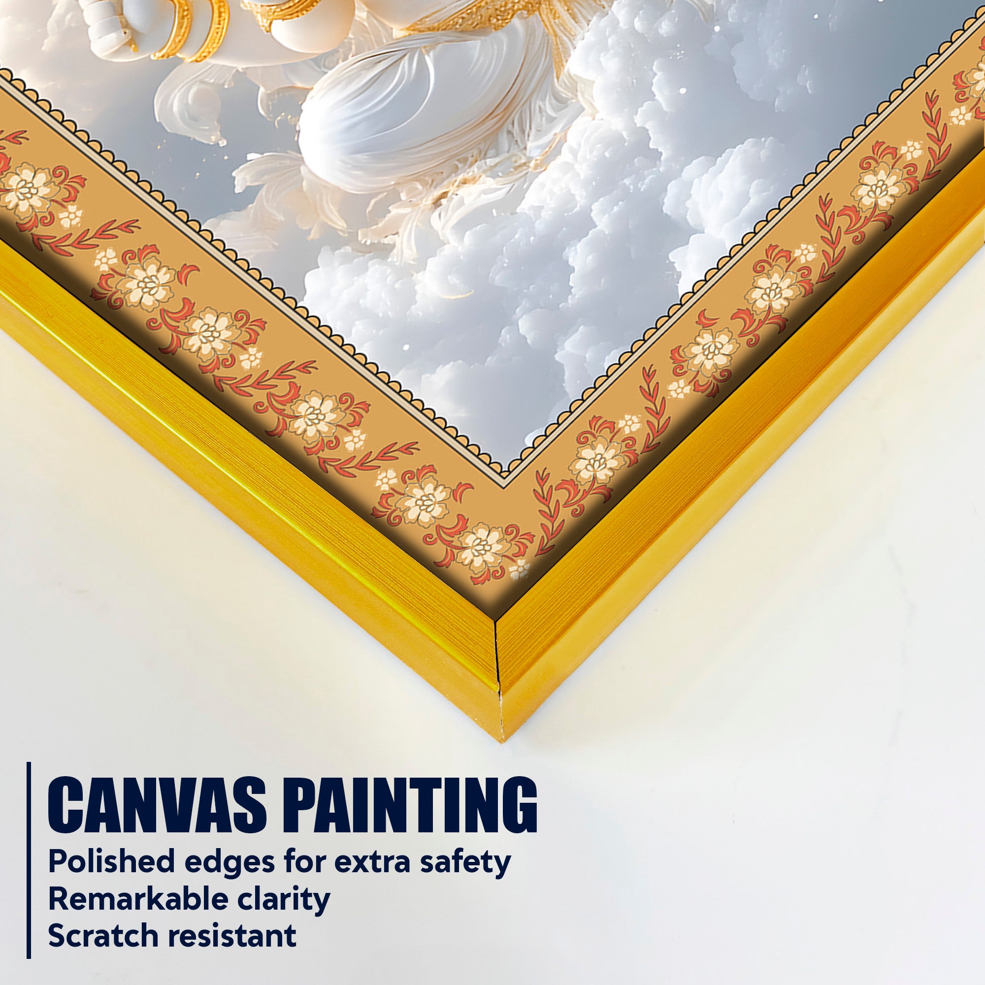 Lord Ganesha in Sky Floral Border Vertical Wall Painting