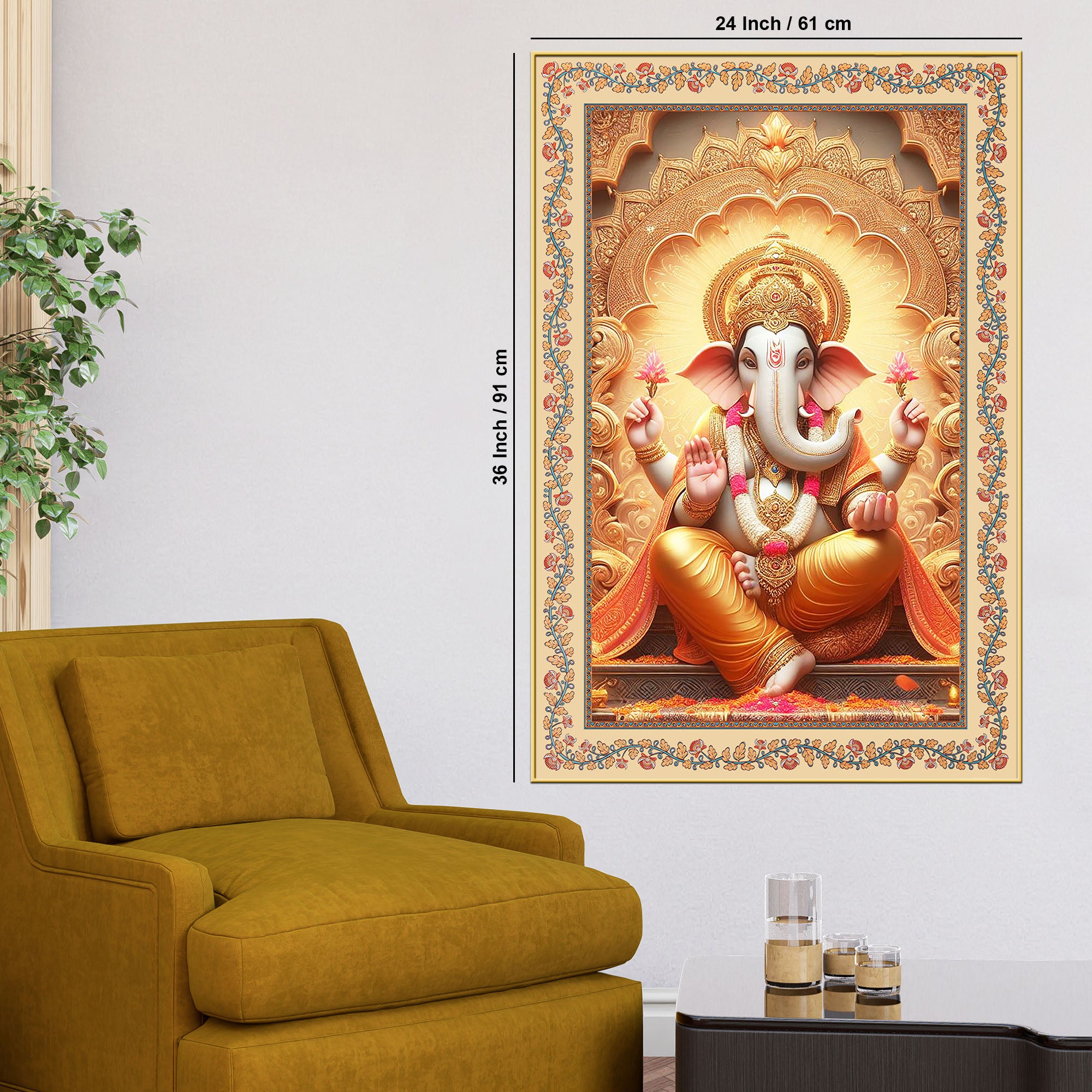 Lord Ganesha on Throne Floral Border Vertical Canvas Wall Painting