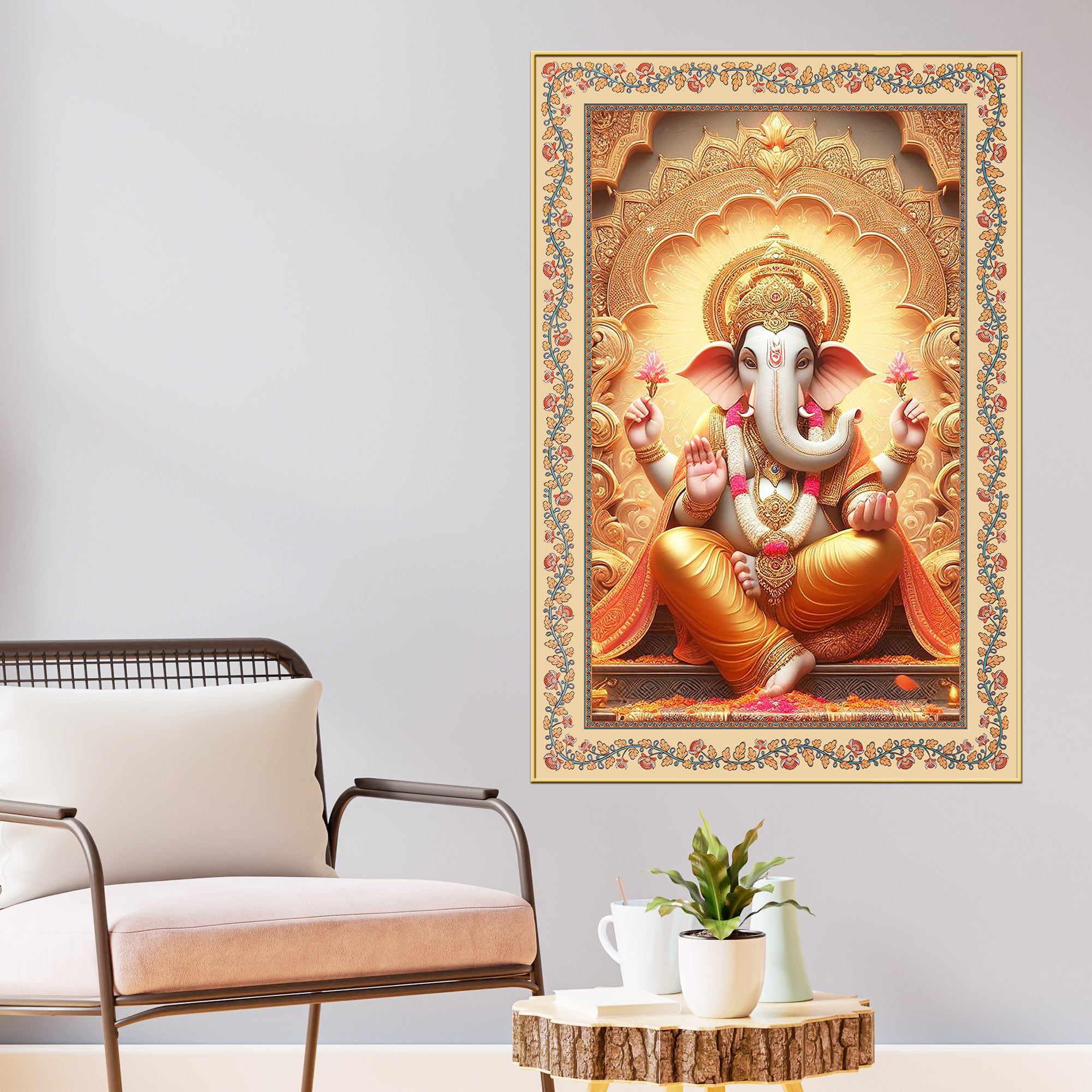 Lord Ganesha on Throne Floral Border Vertical Canvas Wall Painting