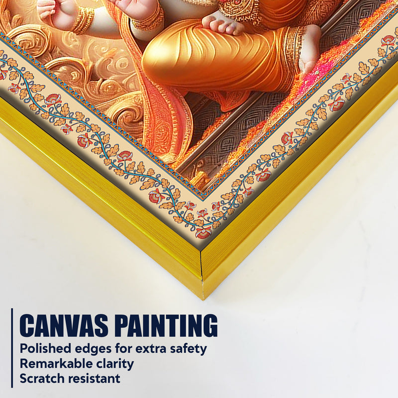 Lord Ganesha on Throne Floral Border Vertical Canvas Wall Painting
