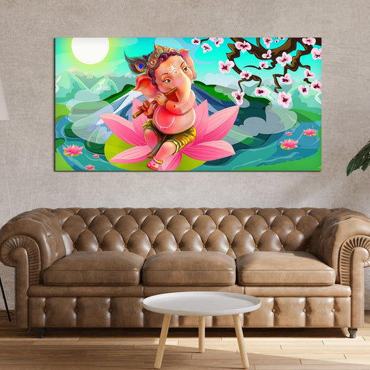 Lord Ganesha Playing Flute Premium Wall Painting