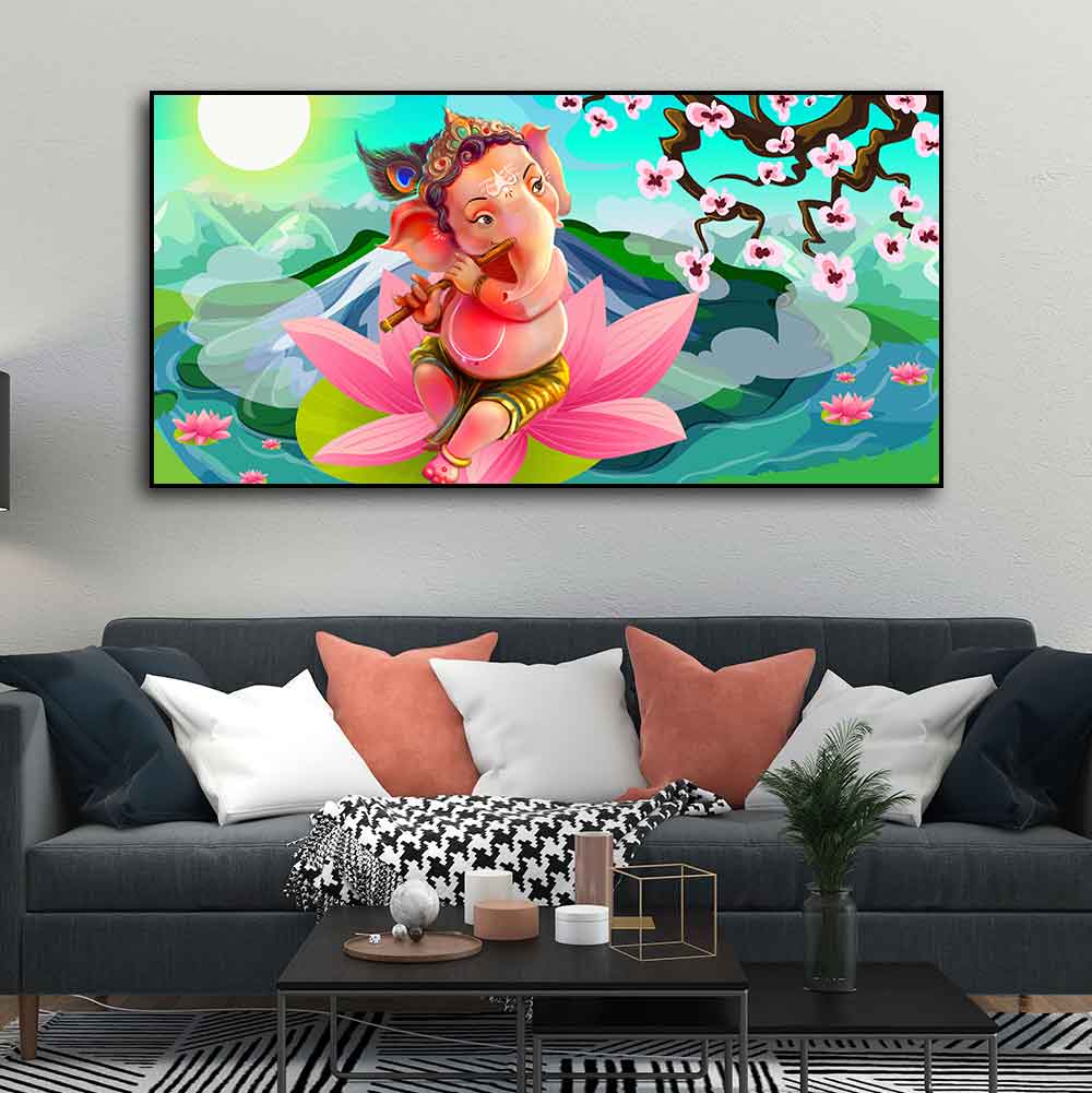 Lord Ganesha Playing Flute Premium Wall Painting