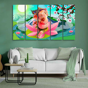 Lord Ganesha Playing Flute Premium Wall Painting of Five Pieces