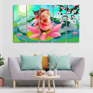 Lord Ganesha Playing Flute Premium Wall Painting of Five Pieces