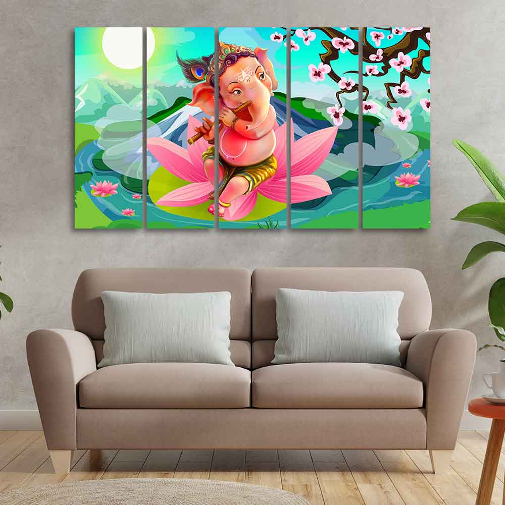 Lord Ganesha Playing Flute Premium Wall Painting of Five Pieces