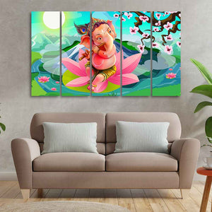 Lord Ganesha Playing Flute Premium Wall Painting of Five Pieces