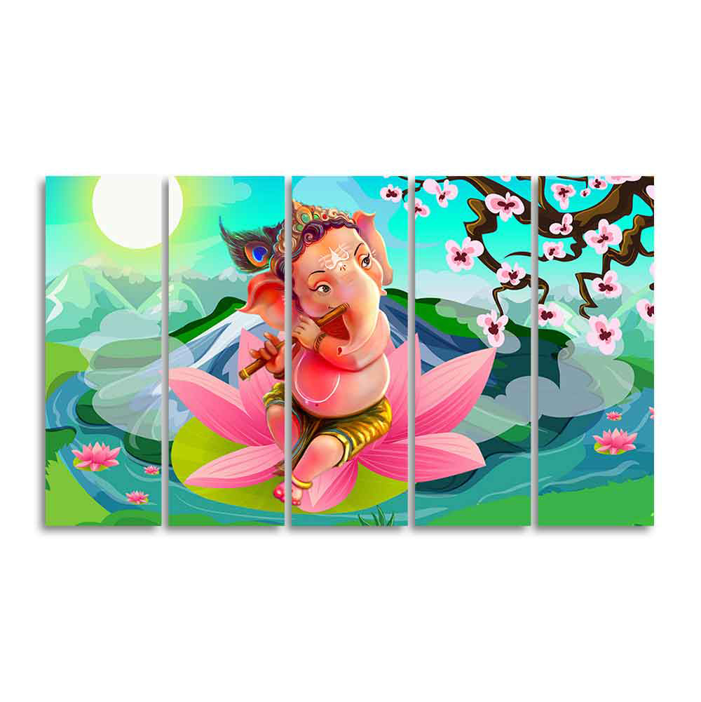 Lord Ganesha Playing Flute Premium Wall Painting of Five Pieces