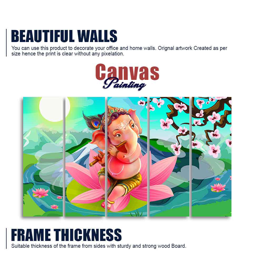 Lord Ganesha Playing Flute Premium Wall Painting of Five Pieces