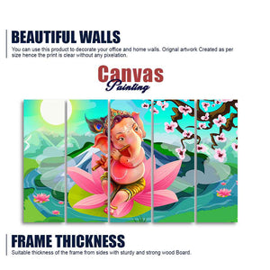 Lord Ganesha Playing Flute Premium Wall Painting of Five Pieces