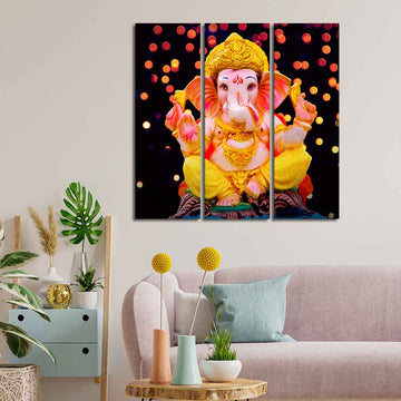 Lord Ganesha Sculpture Canvas Wall Painting Set of Three