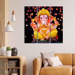 Lord Ganesha Sculpture Canvas Wall Painting Set of Three